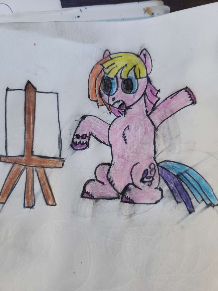 Portrait in ink and colored pencil of a colorful pony who appears frustrated with something out of frame.