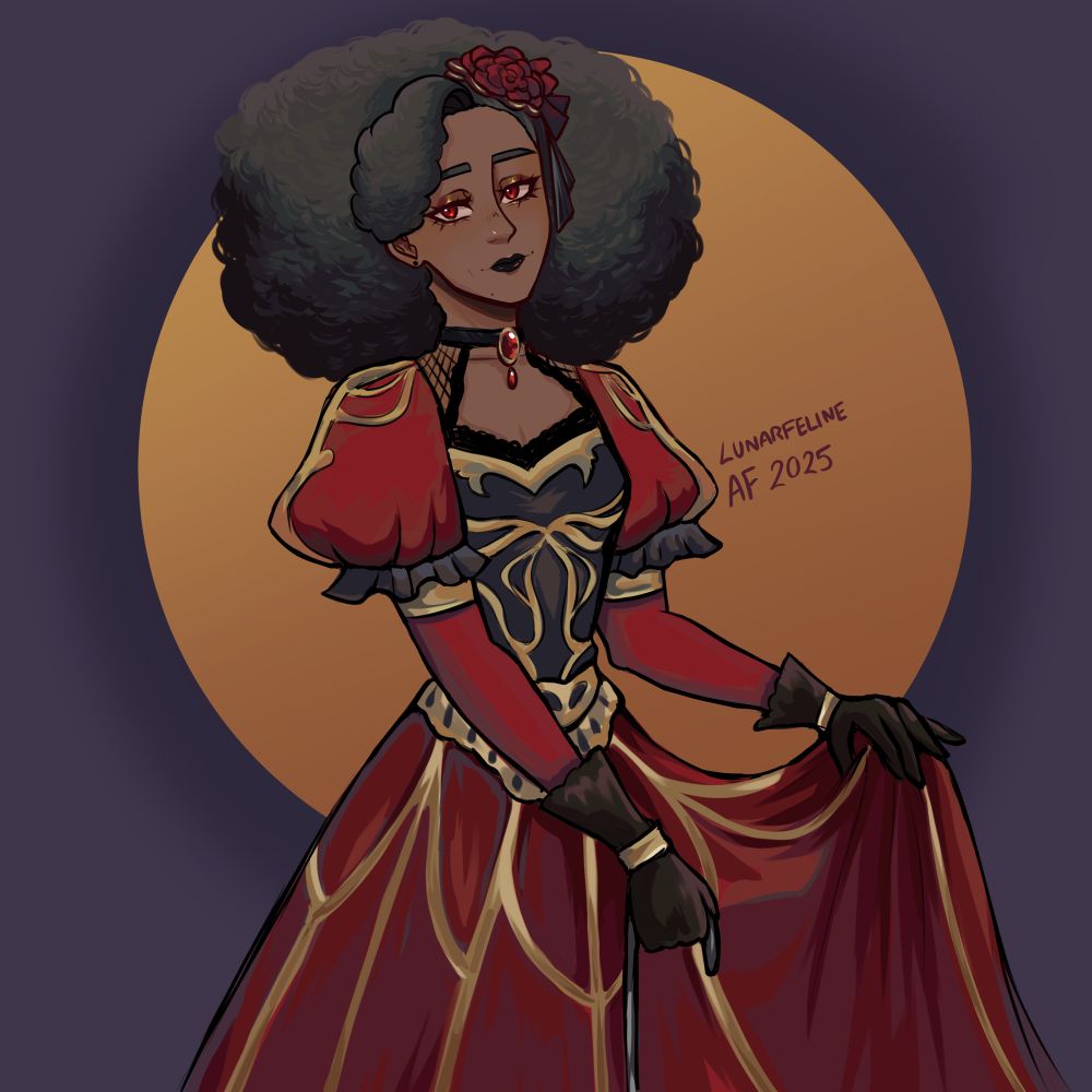 Halfbody drawing of uikaposting’s character Abena Graves. Abena has brown skin, red eyes, and dark gray shoulder length hair. She is wearing a red dress with gold accents and detailing. She is using her closed umbrella to support her and lifting up her dress skirt with her left hand