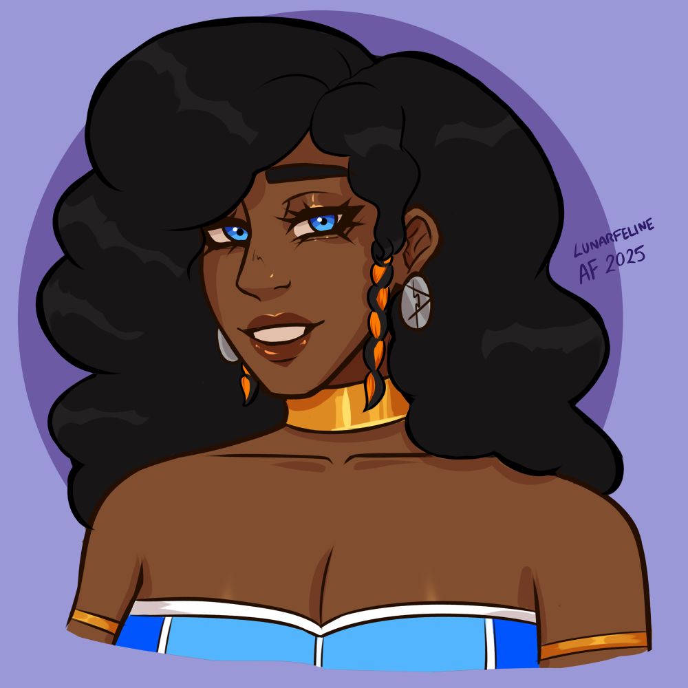 Bust drawing of ArielSRM’s character Tara. Tara has brown skin, blue eyes, and black shoulder-length hair. She has one braid on both sides by her temples mixed with orange hair from her little sister to always keep her with her. She is wearing circular silver earrings, a thick gold necklace, and a blue top. She is smiling at the viewer