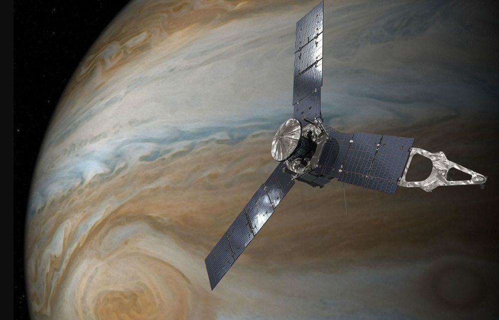 Rendering of the NASA's Juno spacecraft above the colorful, swirling clouds of Jupiter
