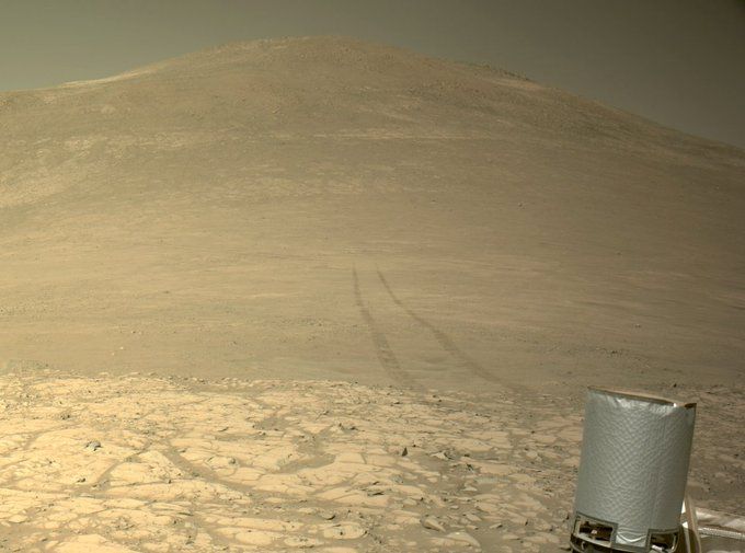 A photo from NASA's Perseverance rover of a desert landscape with flat, rocky terrain in the foreground, a gentle slope in the background, with rover tracks leading the rover's current position, where one of its antennas can be seen in the lower right corner of the frame. 