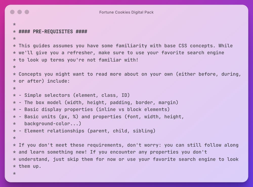 Prerequisites for the digital pack include simple selectors, display properties and units.