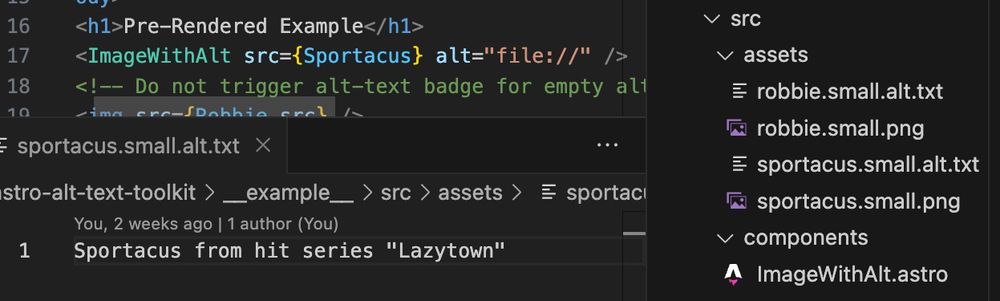 VSCode Screenshot: shows  <ImageWithAlt src={Sportacus} alt="file://" /> as a component, and the a file with the text "Sportacus from hit series LazyTown"
