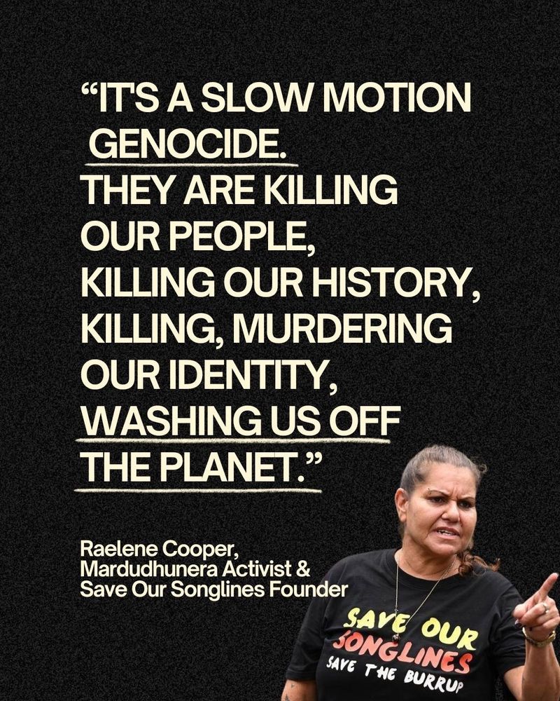 “IT’S A SLOW MOTION GENOCIDE. THEY ARE KILLING OUR PEOPLE, KILLING OUR HISTORY, KILLING, MURDERING OUR IDENTITY, WASHING US OFF THE PLANET.” Raelene Cooper, Murdudhenera Activist & Save Our Songlines Founder.