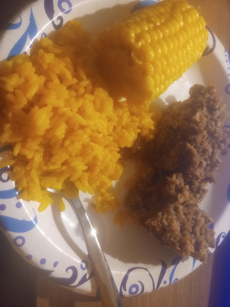 my homemade meatloaf, spanish rice, and corn for dinner.