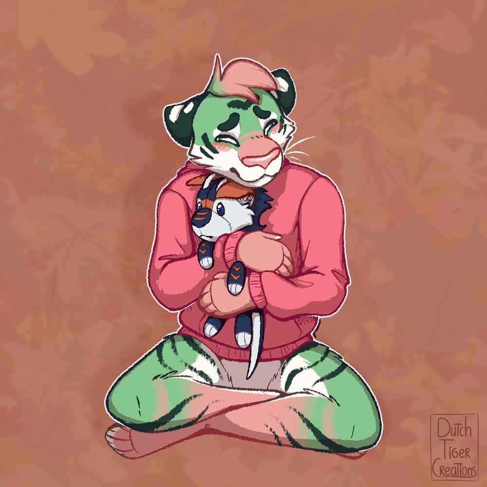 An anthro tiger wearing a pink hoodie, he is hugging a dragon plushie.