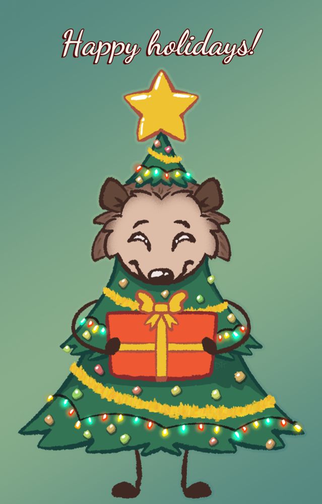 "Happy holidays!"
Hedgehog in a Christmas tree costume, holding a present.
