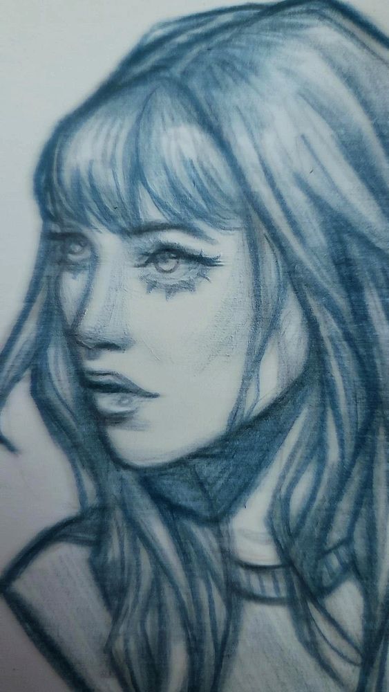 retrato desenhado baseado numa foto da atriz Jane Birkin jovem, mais de perto com um filtro blur proposital