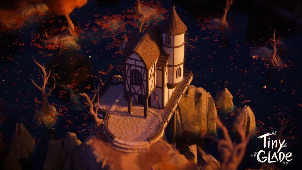 Jogo tiny glade que é de construir cidades e casinhas. Fiz um ambiente sombrio com uma casa no topo de uma montanha. Está com luz de fim de tarde no outono