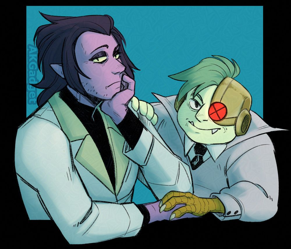coloured sketch of Professor Venomous and Lord Boxman from OK KO! Let's be Heroes.They're sitting next to each other and looking toward the 'camera'/viewer. PV's resting his chin on his left hand with a somewhat bored expression, while Boxman is smiling and leaning next to PV with one hand on his shoulder and the over resting over PV's right hand.