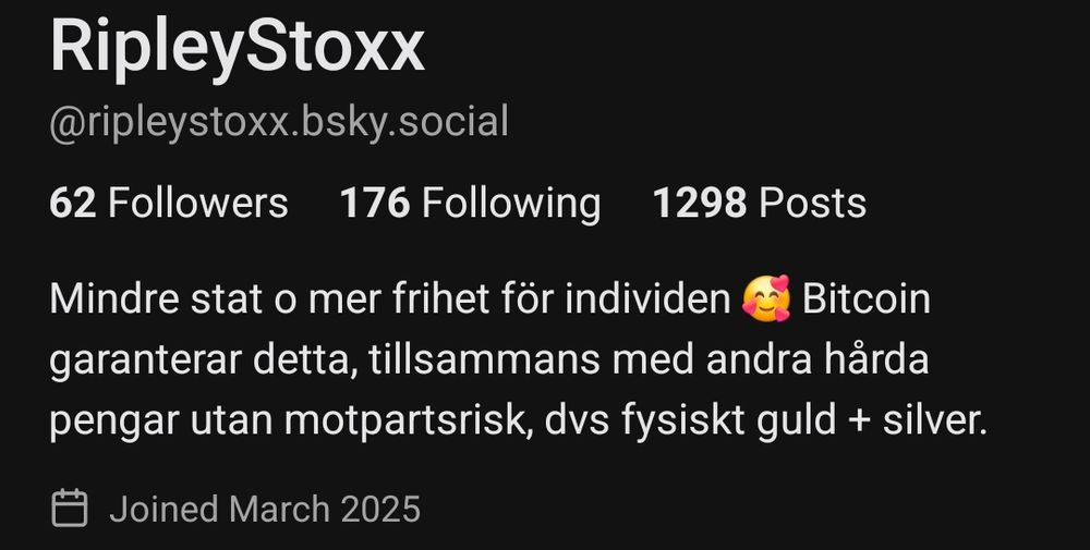 Screenshot på profilen för personen som skrev meddelandet som Salty cookie svarade på. 

"Mindre stat och mer frihet för individen 🥰 Bitcoin garanterar detta, tillsammans med andra hårda pengar utan motpartsrisk, dvs fysiskt guld + silver."