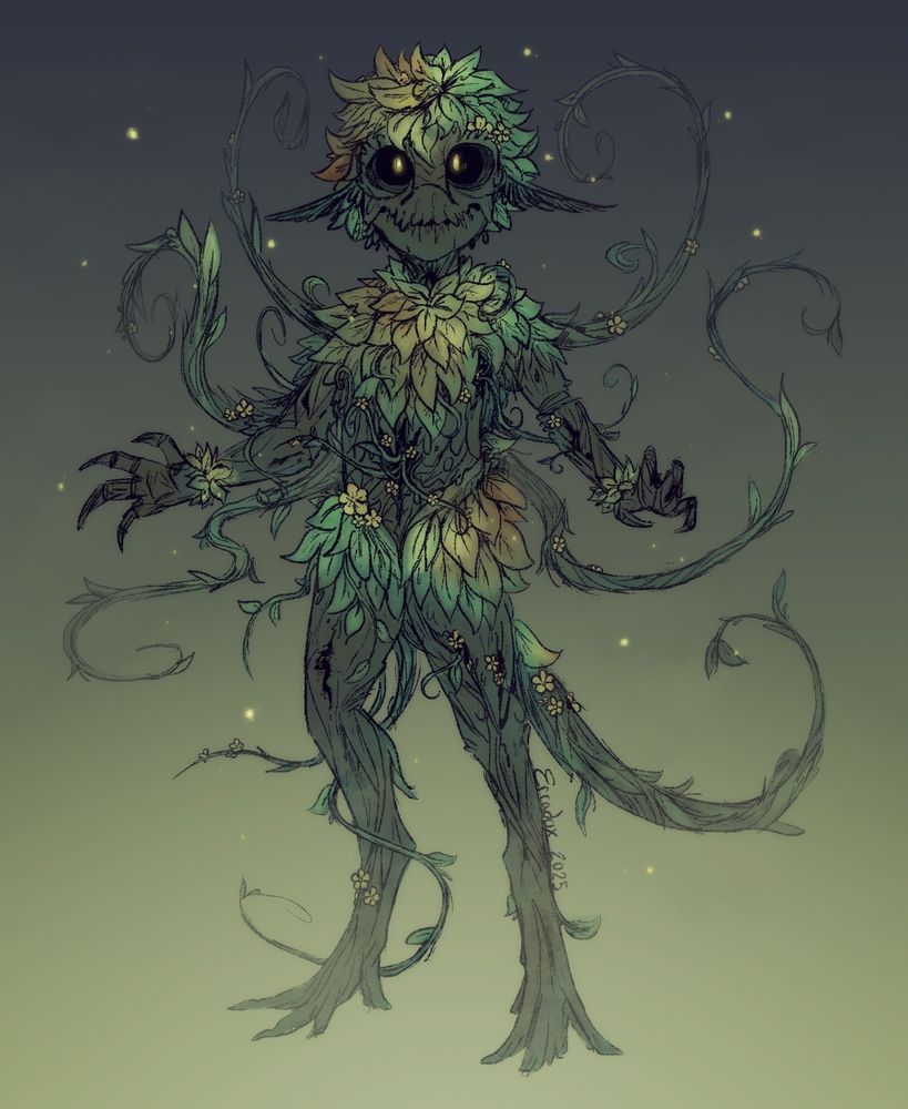A digital cartoon drawing of a bipedal creature made of dull green woody plant material with clusters of leaves in a gradient of brighter green, yellowy-brown, and light yellow. And there are little yellow flowers in various places. 

The leaves are especially prominent on the head like hair, around the neck down to the chest like a shoulder cape, and at the hips and thighs like short shorts. 

There are several vine tendrils of the same color and material sprouting from the creature from various points, especially from the back but there are small ones coming out of holes in their torso and limbs. 

There's a hole at their throat as well, and the eye sockets are also dark and empty outside of yellow glowing dots representing pupils. There are also yellow glowing particles floating around them as well. 

Several features they have like the shape of their face, mouth, and digitigrade-esque legs, are reminiscent of the types of creature that Daliel and Sanya are. 