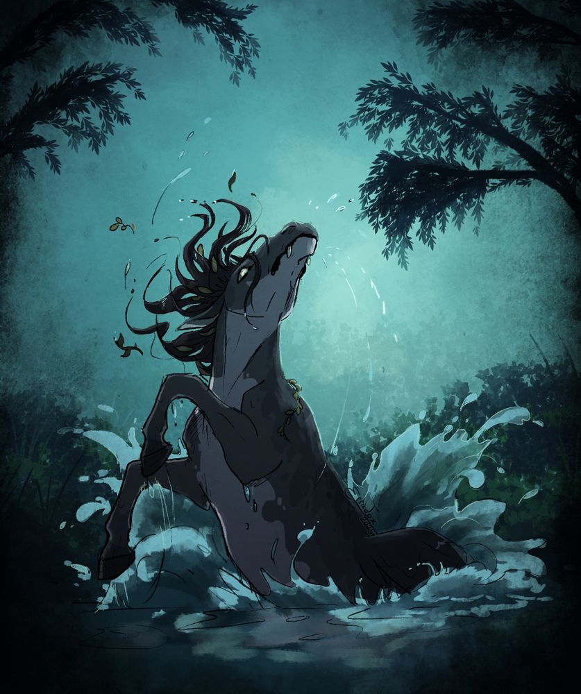A monstrous horse character with gray tones, visible fangs, and pondweed in his mane flings himself dramatically out of a foggy marsh. The back half of his body is under the water but there is a fin visible above water.