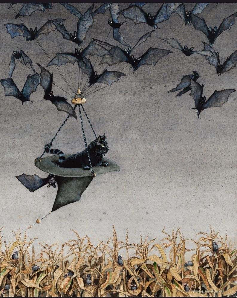 Black cat riding in a witch's hat being carried by bats over a corn field