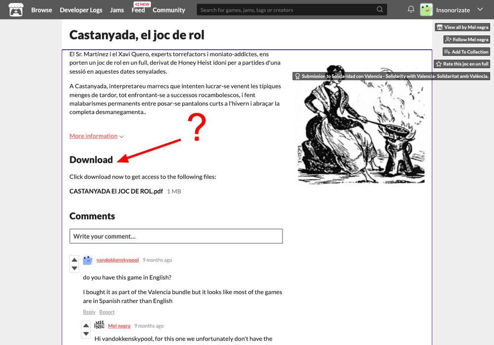 captura de pantalla de l'itch io de castanyada, el joc de rol, amb una fletxa vermella i un interrogant que apunten al "download"
