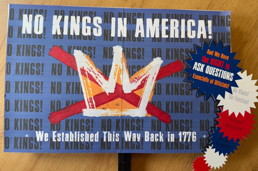 Sign showing a white and gold painted crown outline with red “x” over it. Background repeats “No Kings!” and title is “No kings in America! We established this way back in 1776.”