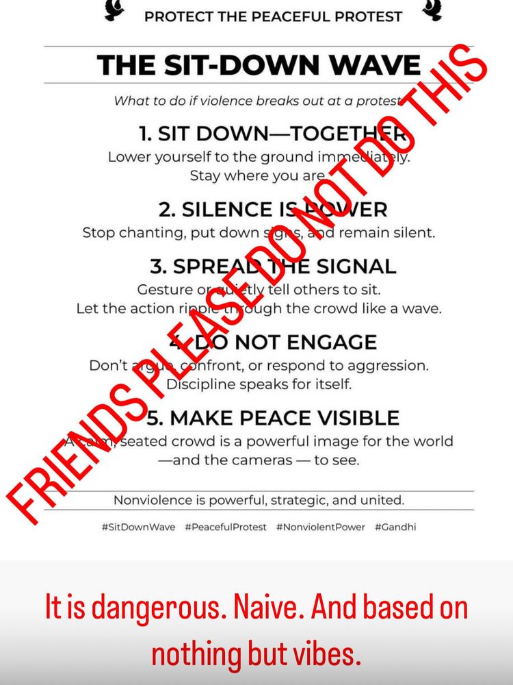An infographic titled “THE SIT-DOWN WAVE” with a subtitle: “What to do if violence breaks out at a protest.” The instructions include:
	1.	SIT DOWN—TOGETHER: Lower yourself to the ground immediately. Stay where you are.
	2.	SILENCE IS POWER: Stop chanting, put down signs, and remain silent.
	3.	SPREAD THE SIGNAL: Gesture or quietly tell others to sit. Let the action ripple through the crowd like a wave.
	4.	DO NOT ENGAGE: Don’t argue, confront, or respond to aggression. Discipline speaks for itself.
	5.	MAKE PEACE VISIBLE: A quietly seated crowd is a powerful image for the world—and the cameras—to see.

Hashtags at the bottom: #SitDownWave, #PeacefulProtest, #NonviolentPower, #Gandhi.

A bold red diagonal overlay reads: “FRIENDS PLEASE DO NOT DO THIS.”
At the bottom in red text: “It is dangerous. Naive. And based on nothing but vibes.”