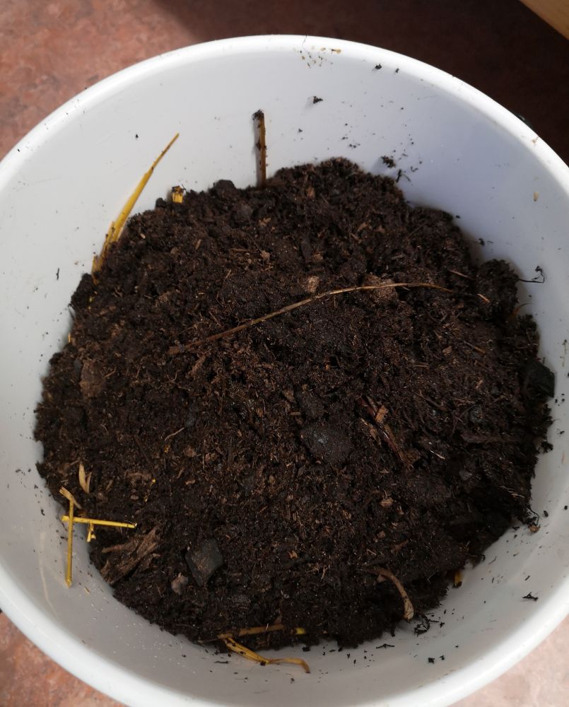 A bucket with black soil in it. 