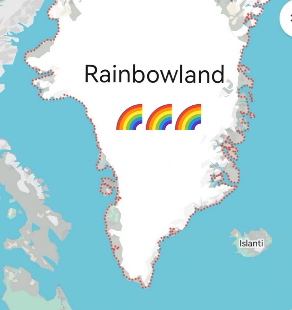 Map of Greenland with the name Rainbowland on it. 🌈