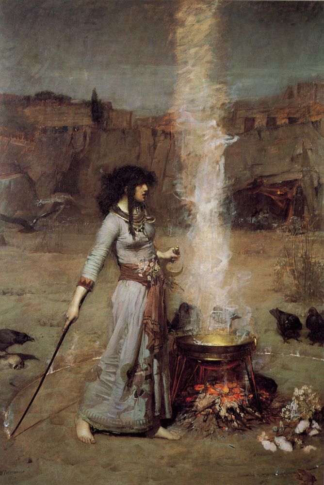 Oil painting by John William Waterhouse: a dark haired witch drawing a burning circle around herself and a steaming cauldron with a wand. Ravens look on and there is a rocky ridge and a cave in the background