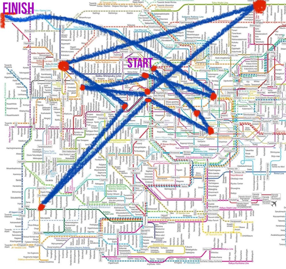 I mapped the bullshit route just for fun over the Tokyo metro map and it is silly.