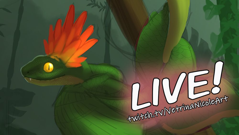 Stream announcement featuring a WIP of a green snake-like dragon with bird wings and an orange feather crown. The dragon is wrapped around a tree. The text says "LIVE! twitch.tv/VetrinaNicoleArt"