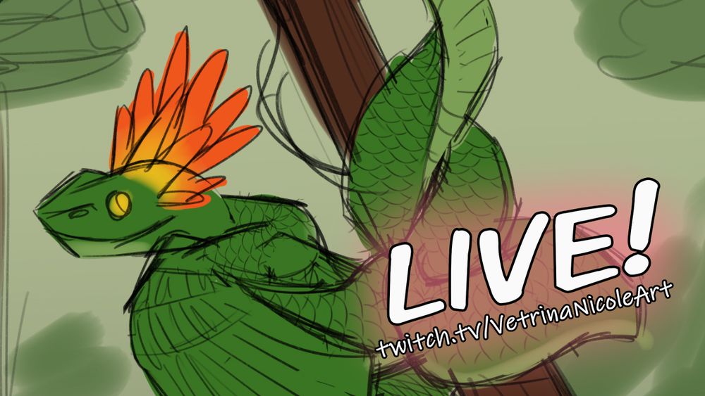 Stream announcement featuring a WIP of a green snake-like dragon with bird wings and an orange feather crown. The dragon is wrapped around a tree. The text says "LIVE! twitch.tv/VetrinaNicoleArt"