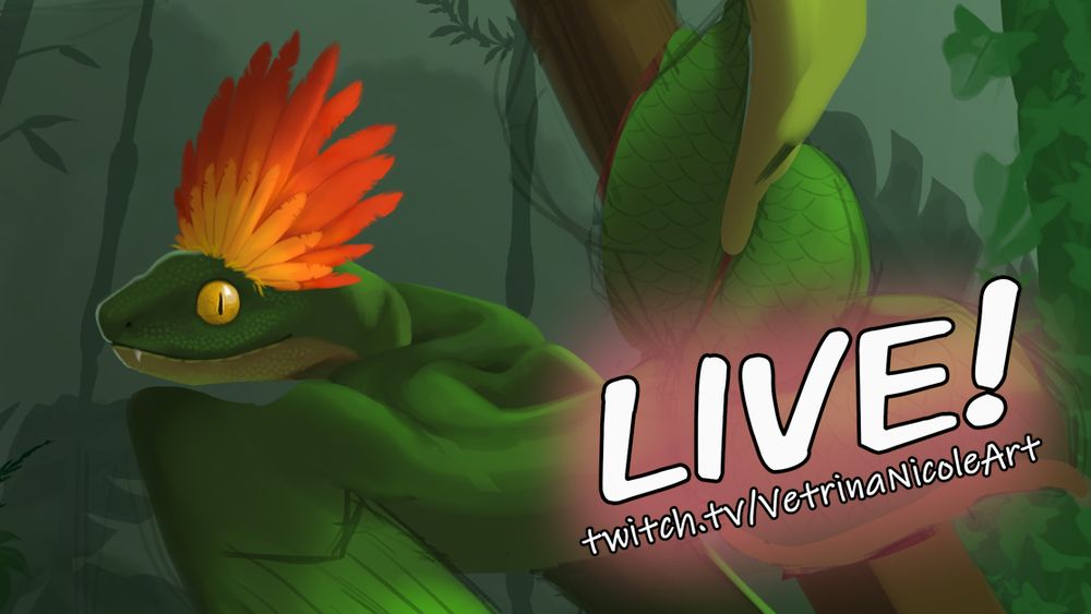 Stream announcement featuring a WIP of a green snake-like dragon with bird wings and an orange feather crown. The dragon is wrapped around a tree. The text says "LIVE! twitch.tv/VetrinaNicoleArt"