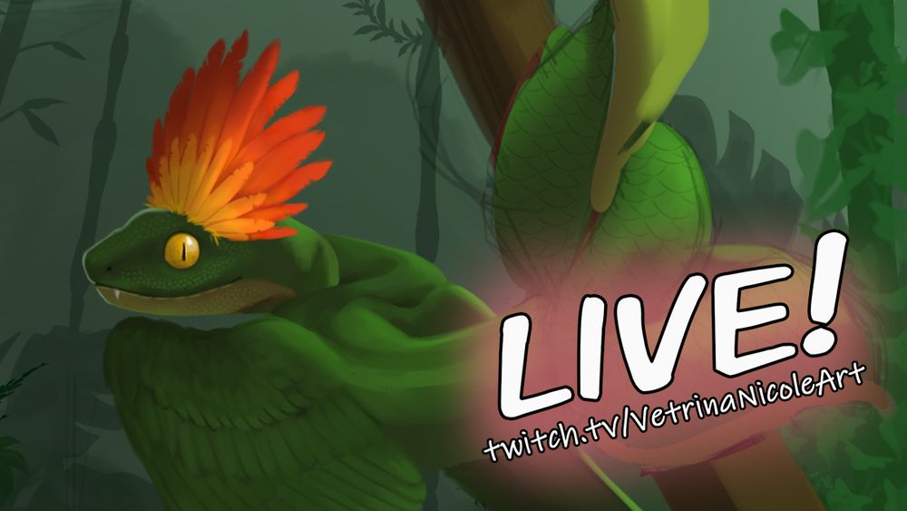Stream announcement featuring a WIP of a green snake-like dragon with bird wings and an orange feather crown. The dragon is wrapped around a tree. The text says "LIVE! twitch.tv/VetrinaNicoleArt"