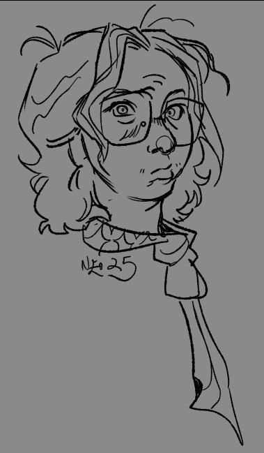 sketch of a pensive looking person with shoulder length hair and big glasses, and an ascot-looking thing around the neck