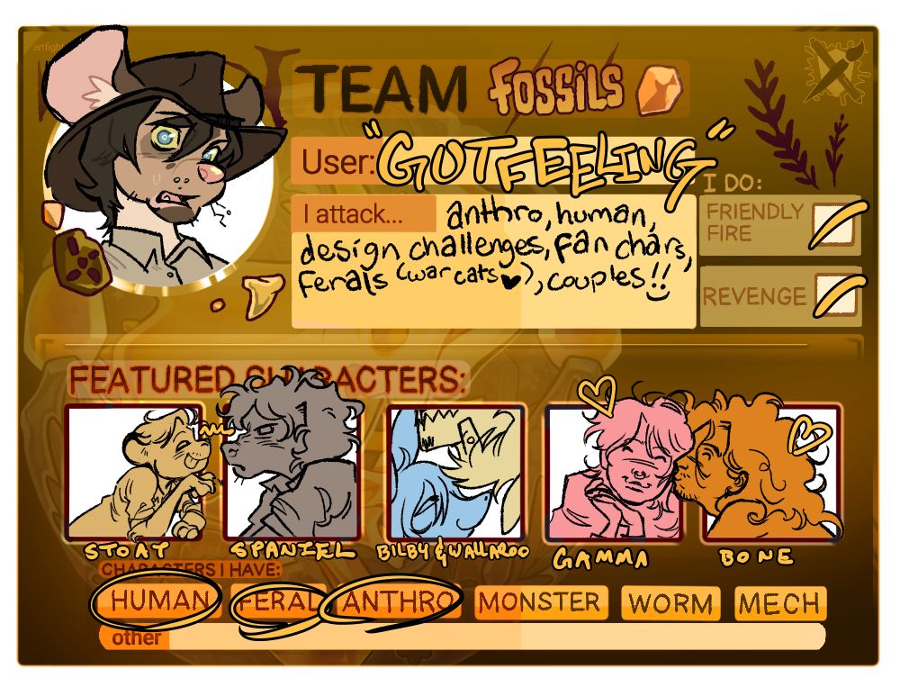 An artfight card. The text reads: “user: GUTFEELING. I attack: anthro, human, design challenges, fan characters, ferals (warrior cats ❤️), couples!!” The check boxes for “friendly fire” and “revenge” are ticked. Human, feral, and anthro are circled in the “characters I have” section.