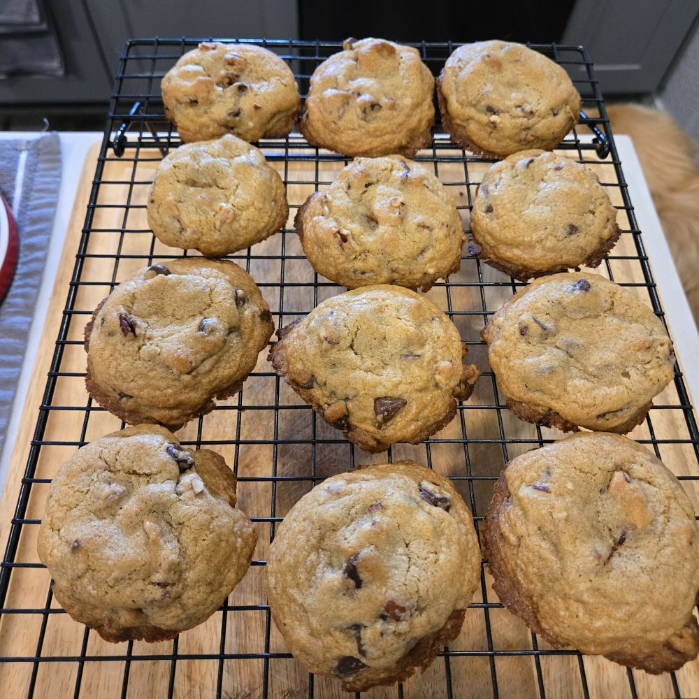 a cooling rack filled with chocolate chip pecan cookies. 