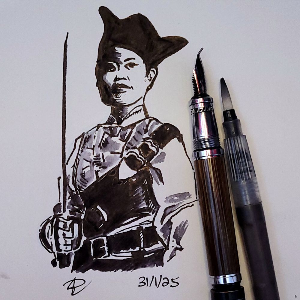 A portrait of Zheng Yi Sao done with a bent nib fountain pen (shown next to the drawing) for the "Pirate Queen" drawing prompt