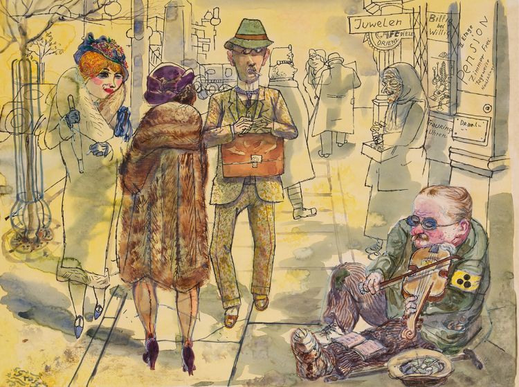 Artwork. Berlin sidewalk with pedestrians and street musician. 