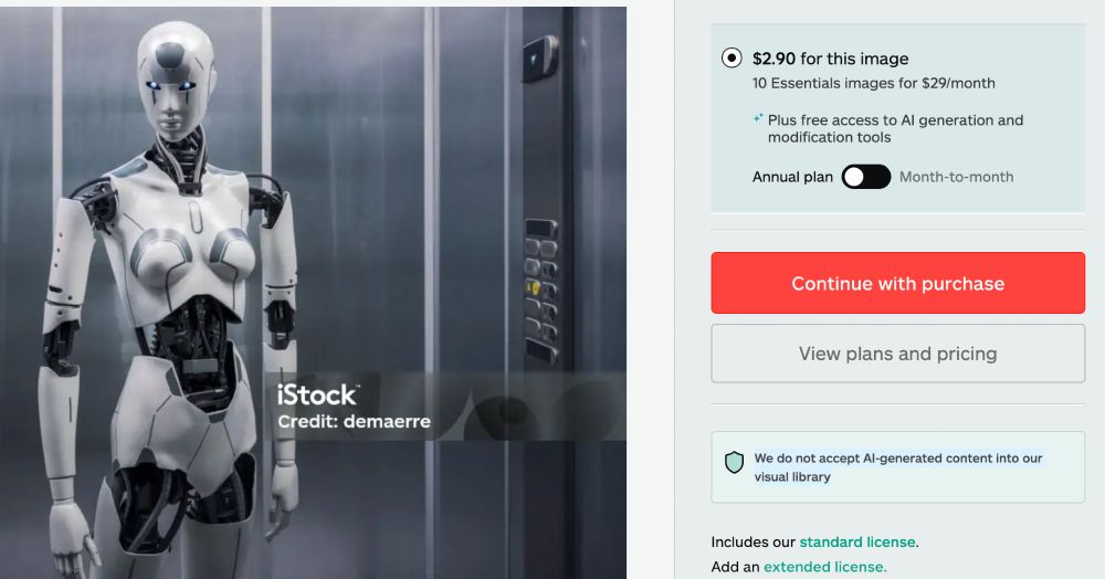 Stock image of a robot in an elevator with three dots on its right arm