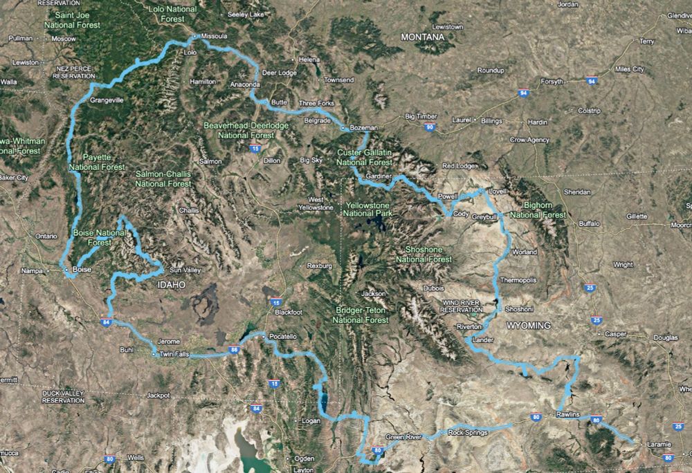 Map of camping route through SW Wyoming, Idaho including Sawtooth and Boise national forests, up through Payette National Forest, to Nez Perce-Clearwater, Missoula to Bozeman, down to Yellowstone, then Cody Lovell Worland Lander etc. back home