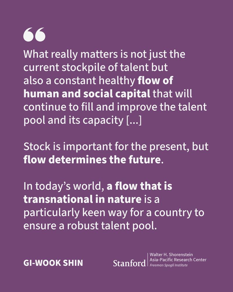 Text quote: "What really matters is not just the current stockpile of talent but
also a constant healthy flow of human and social capital that will continue to fill and improve the talent pool and its capacity [...]
Stock is important for the present, but flow determines the future.
In today’s world, a flow that is transnational in nature is a particularly keen way for a country to ensure a robust talent pool."