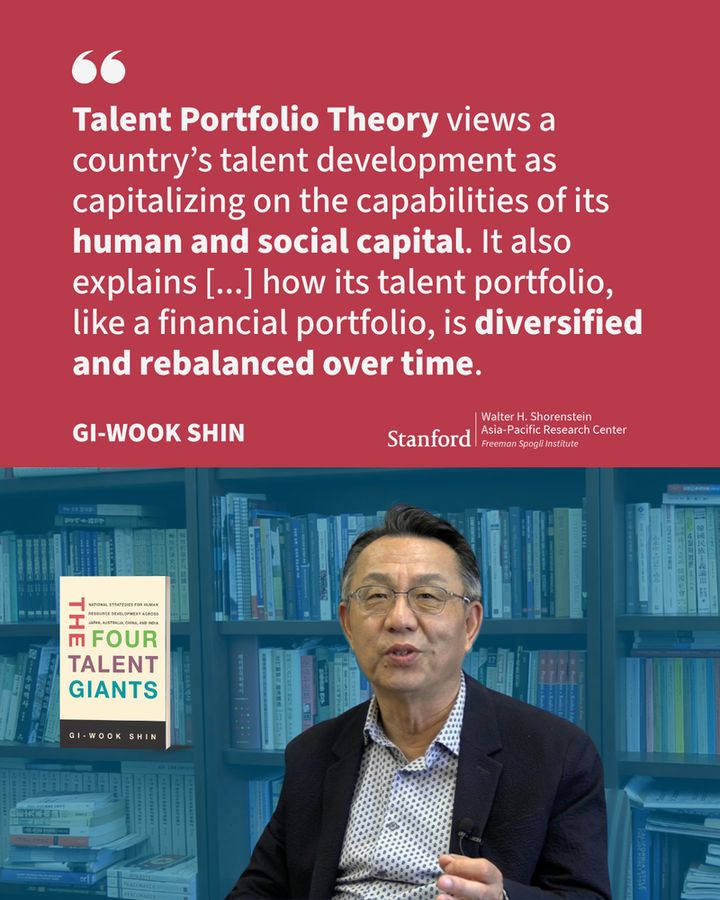 Photo: Gi-Wook Shin in his office and a cover of his book, The Four Talent Giants.
Text quote: "Talent Portfolio Theory views a country’s talent development as capitalizing on the capabilities of its human and social capital. It also explains [...] how its talent portfolio, like a financial portfolio, is diversified and rebalanced over time."