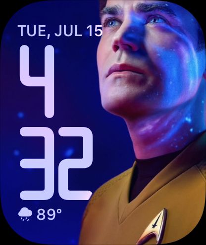 Screenshot of an Apple Watch watchface featuring Star Trek Strange New Worlds' Kirk.