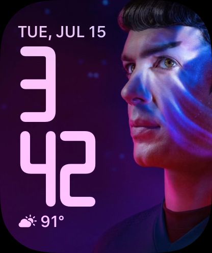 Screenshot of an Apple Watch watchface featuring Star Trek Strange New Worlds' Spock.