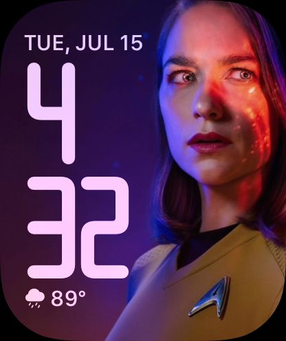 Screenshot of an Apple Watch watchface featuring Star Trek Strange New Worlds' Captain Marie Batel.