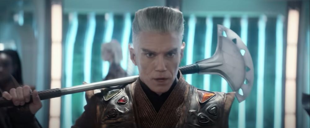 Anson Mount as Captain Pike in Star Trek Strange New Worlds Season 3, transformed into a Vulcan with an even more impressive pompadour than usual.