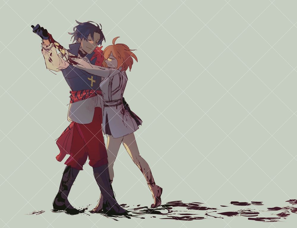 A fanart of Bartholomew Roberts and Ritsuka Fujimaru. Both of them are covered in blood and leaving footprints on the ground as they dance.