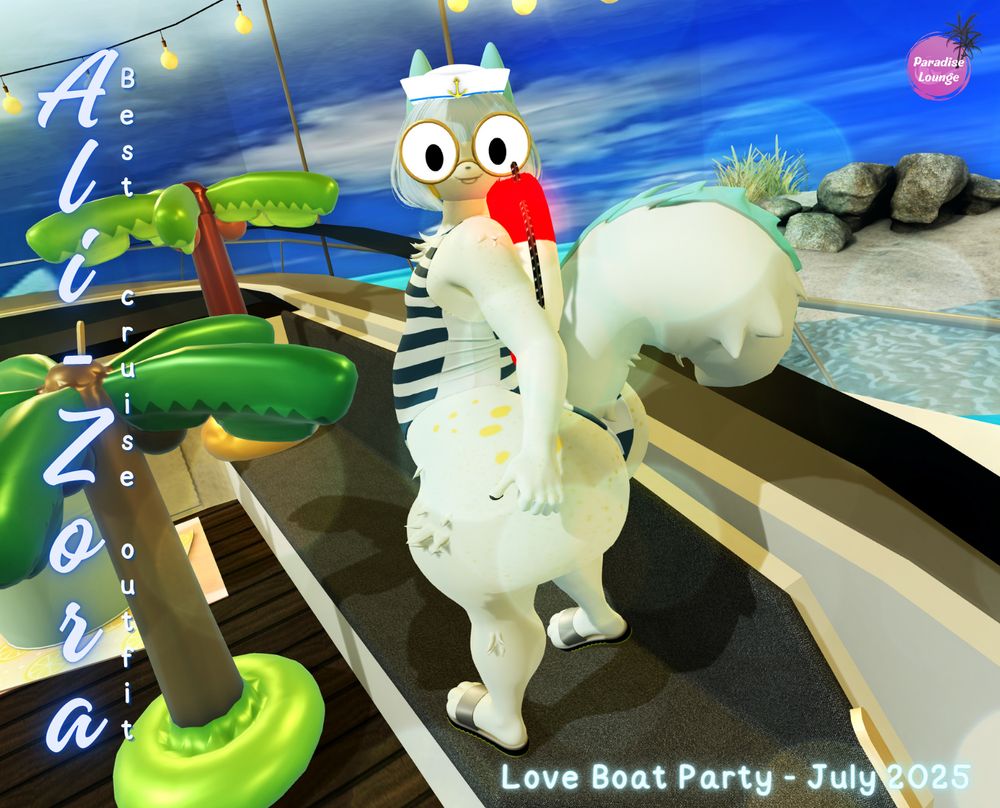 Ali-Zora, winner of the "Cruise Outfit Contest" during the Love Boat Party in July at Paradise Lounge. They are wearing a striped swimwear and pose in a boat near a beach. Screenshot taken in SecondLife, in a furry club. 