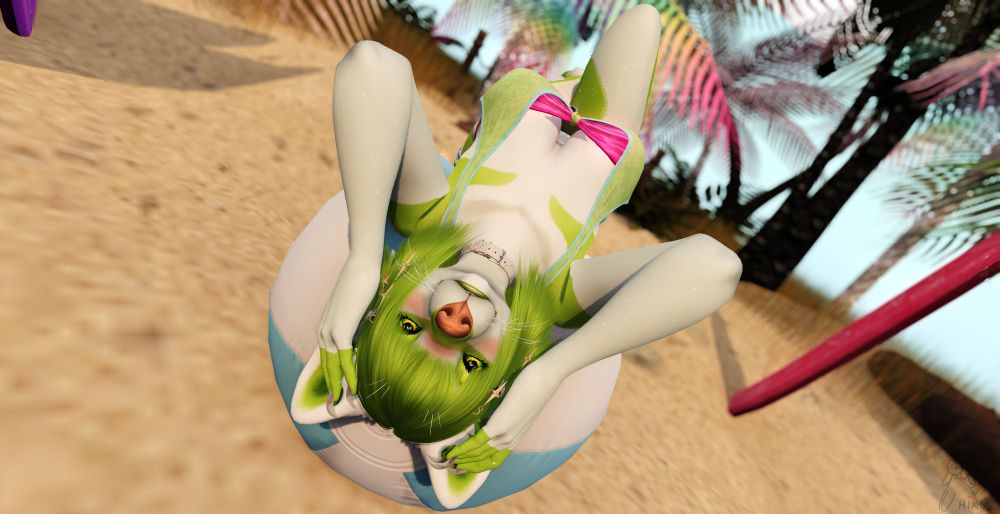 Furry female fox puppy with white and green fur, blushing and holding her head while lying on a beach ball. She is wearing a bikini top and a crop top, but her position reveals her cleavage. Her green and yellow eyes are staring into the camera lens. Beach setting. Screenshot taken in Second Life.