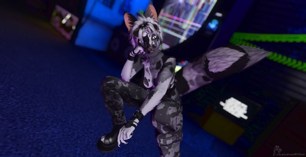 Female furry calico cat with gray, black and white fur. She wears tactical cargo pants, leather boots open on her toe beans, and a top. She also has tactical goggles on her head. Short hair, white eyes with slit pupils and long tail. She's crouching in a urban setting. Screenshot taken in Second Life, featuring "Cold Brew Heartico" from BunBrat and Renouard Lafey Eyes! 