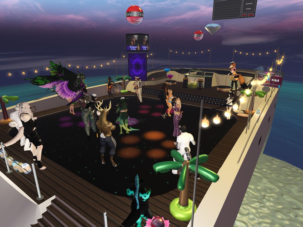 Picture of the crowd dancing and having fun in SecondLife during the "Love Boat" party at Paradise Lounge, furry hangout club. 