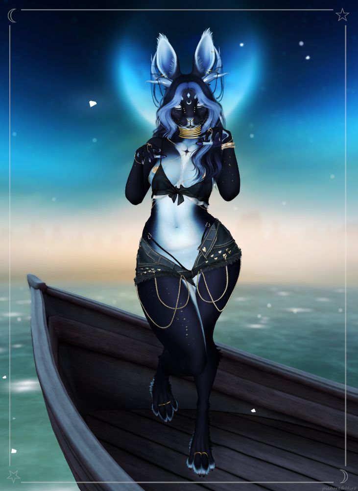 A furry jackalope rabbit female with deer antlers and blue fur stands on a boat in the middle of water. Behind her, the moon shines, surrounding her with a halo; the star filled night sky echoes the stars on her body. Standing on one paw, balanced on the bottom of the boat, she gazes at the camera, her body adorned with golden jewels. Framed by lines, moons, and stars. Screenshot taken in Second Life.