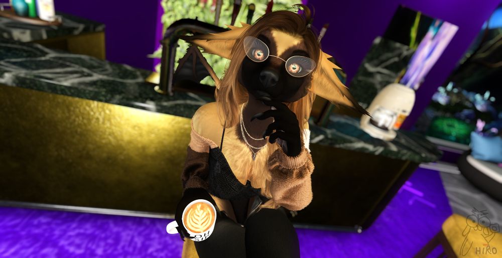 Female furry flying fox bat sitting in a bar and holding a coffee, looking puzzled by a question. She has large brown eyes and glasses, and is also wearing a sweater and pants. Screenshot taken at Paradise Lounge and in Second Life, featuring The Flying Fox mod by [The Emporium] and Renouard's Liam Eyes.