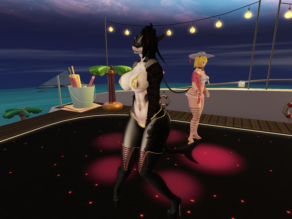 Furry female shark dancing, wearing a thin bikini, during the party at Paradise Lounge, Second Life.